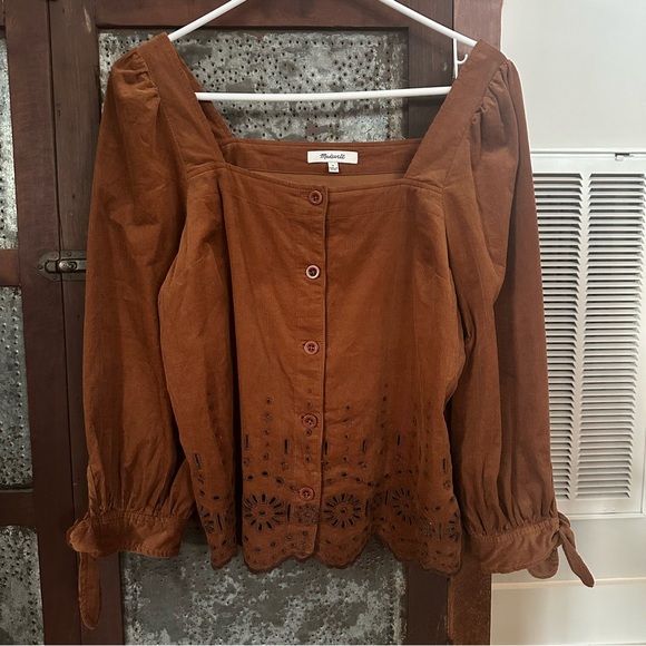 Madewell Embroidered Eyelet Corduroy Tie-Sleeve Top Small Rust Color Scalloped - Picture 4 of 7